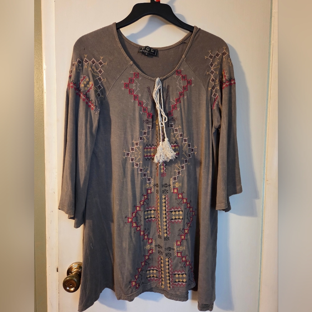 Boho Gray Tunic with Embroidery